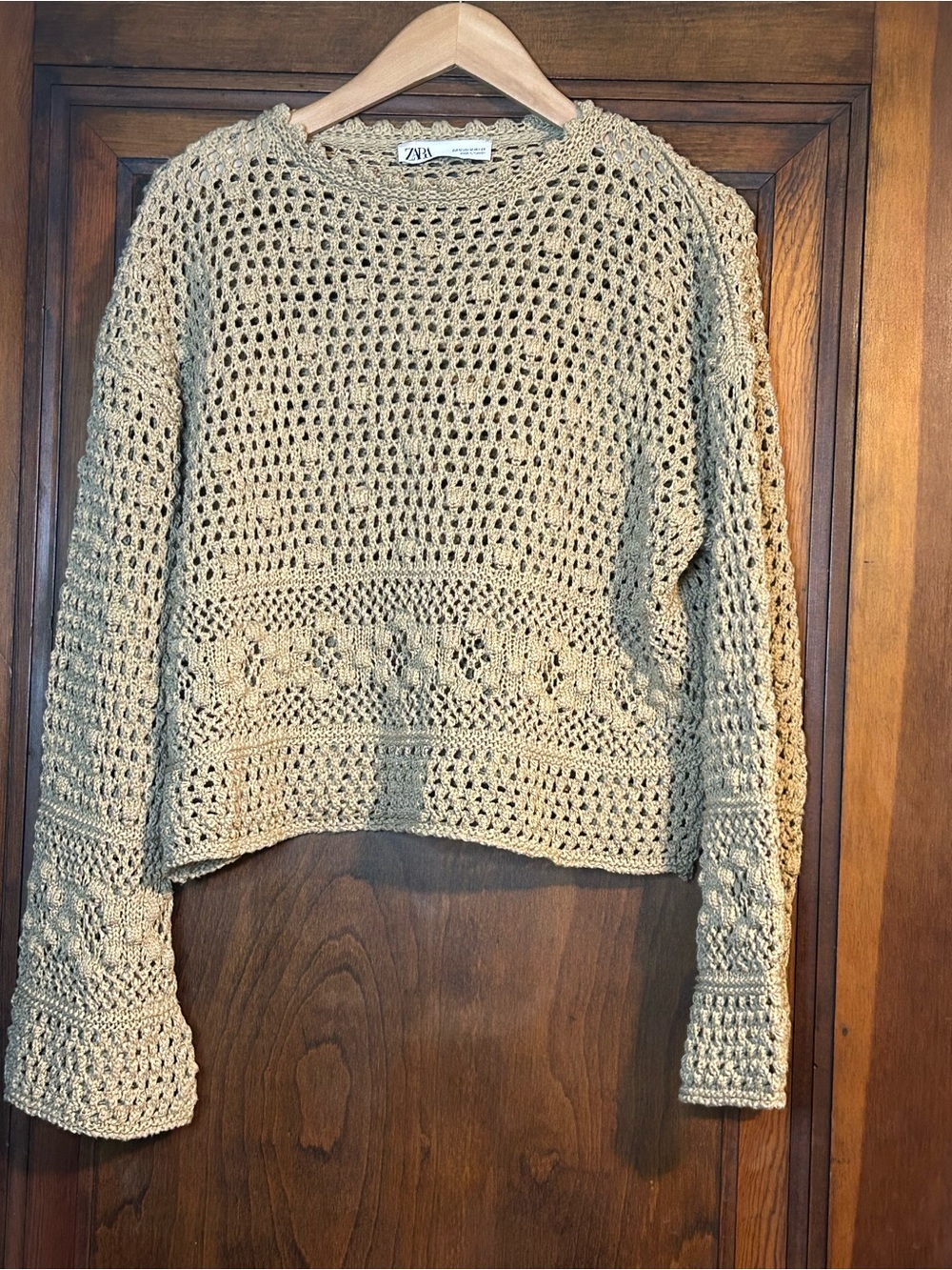 Zara Beige Crochet Open Knit Sweater Size Medium Boho Coastal Grandma